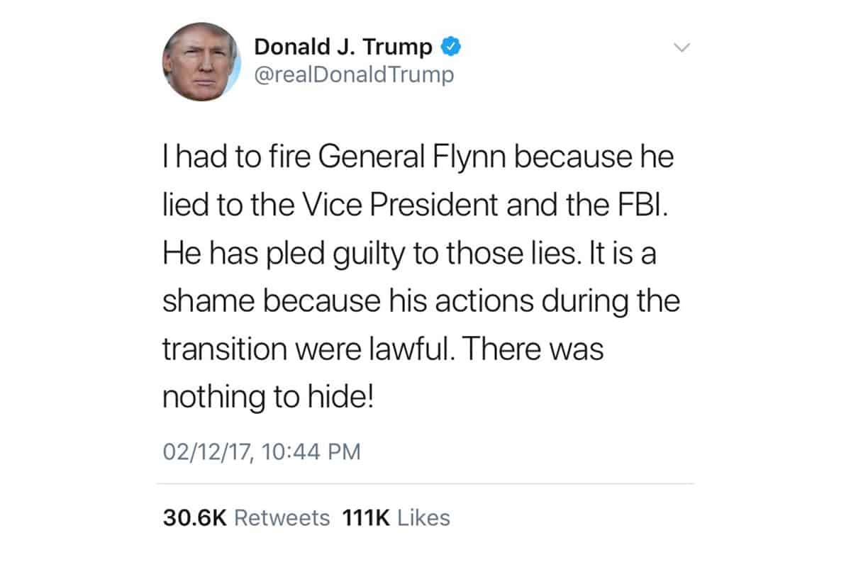 Trump's lawyer says he was behind president's tweet about firing flynn